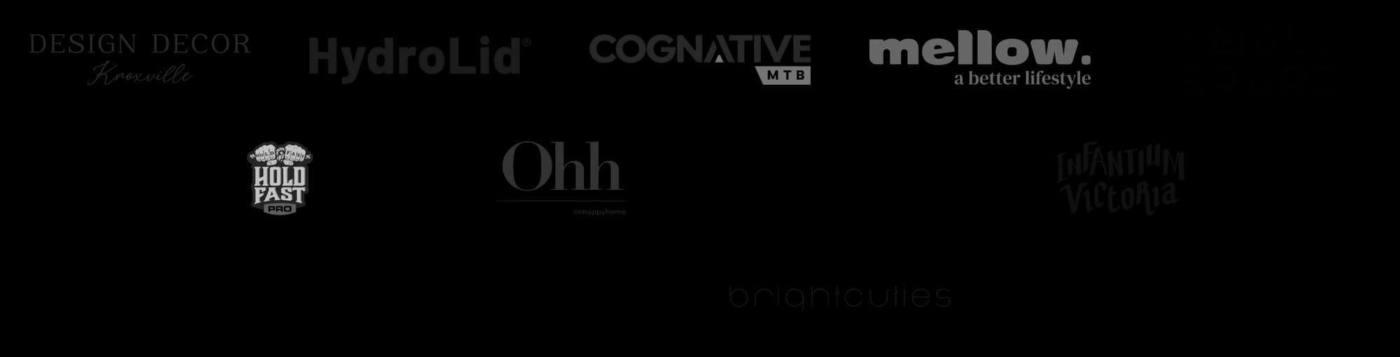 Client brands including Design Decor Knoxville, HydroLid, Cognative MTB, Mellow Lifestyle, Small & Rare, Hold Fast Pro, Ohh Happy Home, Maine + Mara and Infantium Victoria.