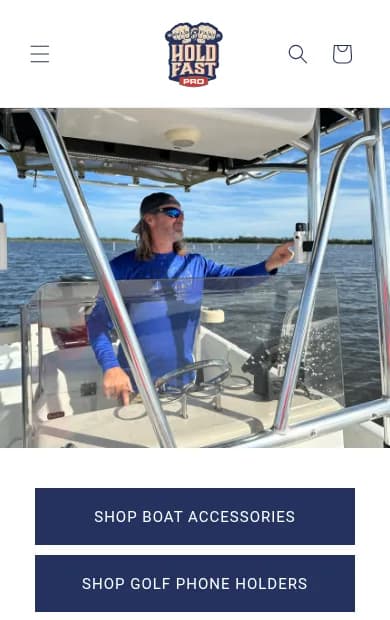 Hold Fast Pro store on a phone, showing a boat phone holder in use out on the water.